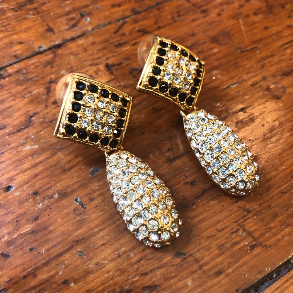 Vintage PCI Drop Earrings Pierced Crystal Gold Black Clear Dangle Teardrop